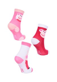 Tres pares de calcetines para niños con diseños de cerditos de dibujos animados. Los colores incluyen rosa, blanco y rojo, con tela suave y puños acanalados.