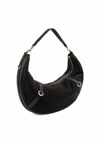 Borsa hobo in suede nero con una forma curva, caratterizzata da dettagli in pelle, hardware dorato e chiusura superiore con zip.
