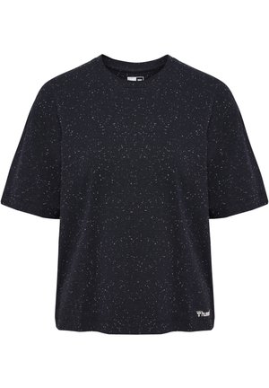 Schwarzes Kurzarm-T-Shirt mit gesprenkelter Textur, runder Ausschnitt und einem Logo in der Nähe des Saums. Lässiger Schnitt.