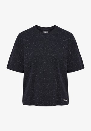 Schwarzes Kurzarm-T-Shirt mit gesprenkelter Textur, runder Ausschnitt und einem Logo in der Nähe des Saums. Lässiger Schnitt.