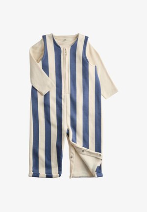 Gestreifter Strampler in Creme und Blau, mit langen Ärmeln, einem Reißverschluss vorne und Druckknöpfen an den Beinen für einfaches An- und Ausziehen. Weiches Baumwollmaterial.
