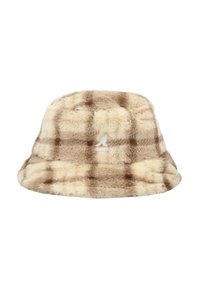 Cappello a secchiello in pelliccia sintetica con motivo a quadri crema e marrone, caratterizzato da una texture morbida, corona arrotondata e una tesa leggermente svasata.