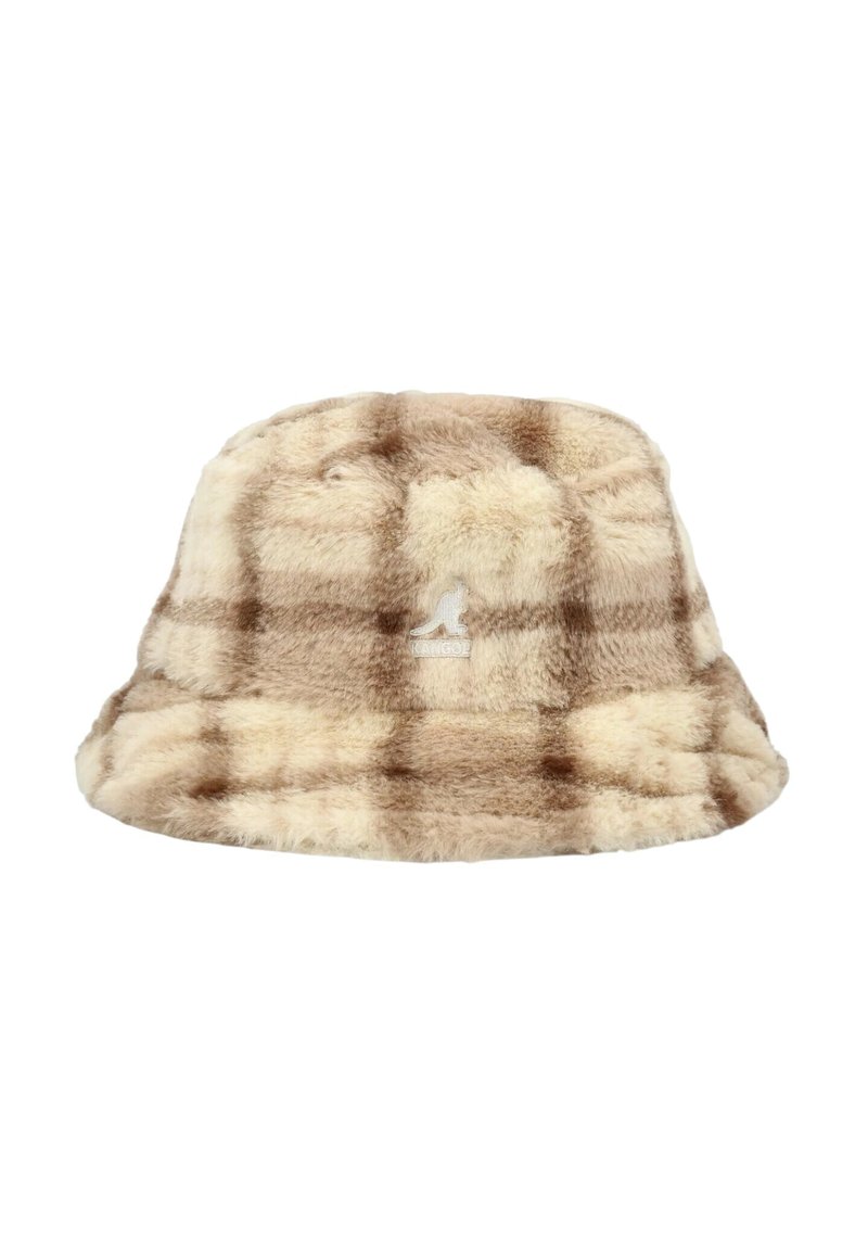 Cappello a secchiello in pelliccia sintetica con motivo a quadri crema e marrone, caratterizzato da una texture morbida, corona arrotondata e una tesa leggermente svasata.