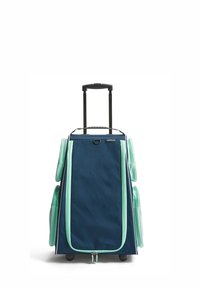 Marinblått hjulväska med mintgröna detaljer, zip-fack och utdragbart handtag. Tillverkad av hållbart tyg med sidofickor.