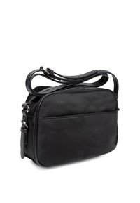 Borsa a tracolla in nylon nero, di forma rettangolare, con una sola tracolla, chiusura con zip e discreti dettagli di cucitura sulla parte frontale.