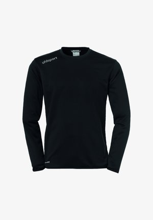 Langærmet sort sports t-shirt lavet af blødt stof. Har rund halsudskæring og inkluderer et logo på venstre skulder. Glat overflade hele vejen igennem.