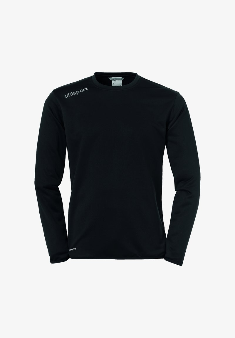 Langärmliges schwarzes Sportshirt aus weichem Stoff. Besitzt einen Rundhalsausschnitt und enthält ein Logo auf der linken Schulter. Glatte Textur über die gesamte Fläche.