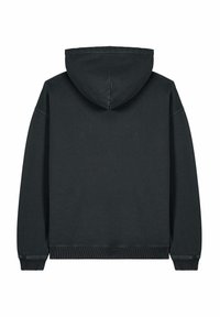 Haut à capuche noir avec une poche kangourou, capuche réglable avec cordon de serrage, poignets et ourlet côtelés, fabriqué en mélange de coton doux.