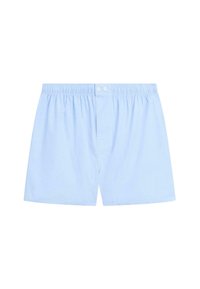 Světle modré bavlněné trenýrky s elastickým pasem, vybavené předním zapínáním na knoflíky a měkkým, hladkým materiálem.