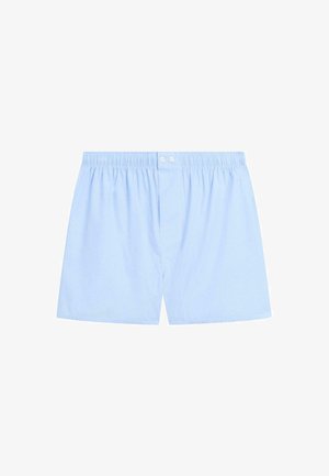 Boxers en coton bleu clair avec une ceinture élastique, dotés d'une fermeture avant à boutons et d'une texture douce et lisse.