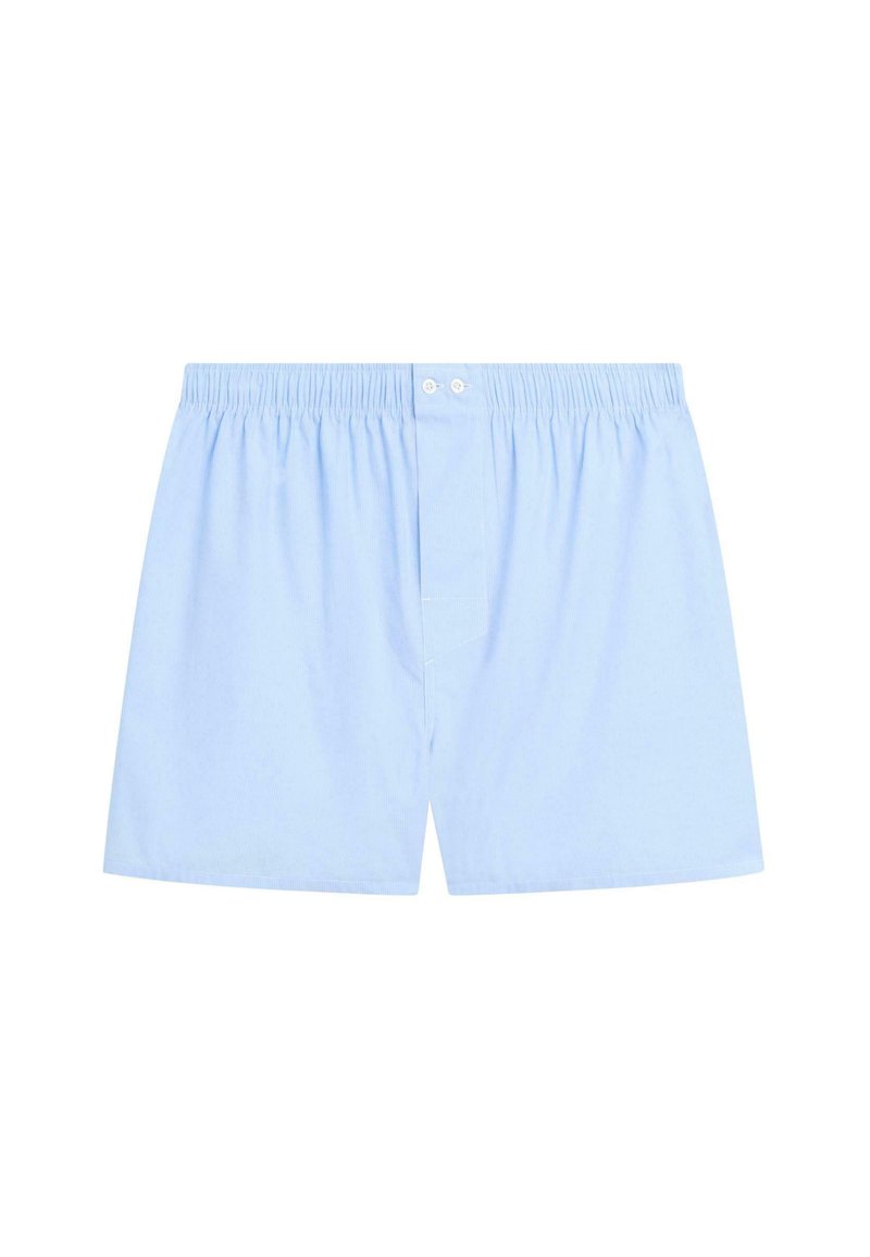 Boxer in cotone azzurro chiaro con vita elastica, chiusura frontale con bottoni e una texture morbida e liscia.