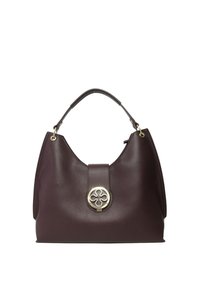 Sac à main en cuir marron avec une forme arrondie, surface texturée et un ornement doré au niveau de la fermeture frontale. Design à poignée unique.