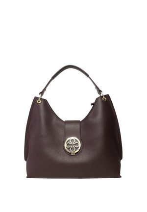 Borsa a mano in pelle marrone con forma arrotondata, superficie texture e un dettaglio dorato sulla chiusura frontale. Design con manico singolo.