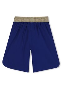 Μπλε σορτς με ελαστική μπεζ ζώνη στη μέση, με υφή λείου υφάσματος και φαρδιά πόδια, σχεδιασμένα για άνεση και ευκολία κινήσεων.