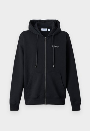 Sweat à capuche noir zippé avec poches avant, capuche à cordon de serrage et petit logo blanc "Off-White" sur le côté gauche de la poitrine.