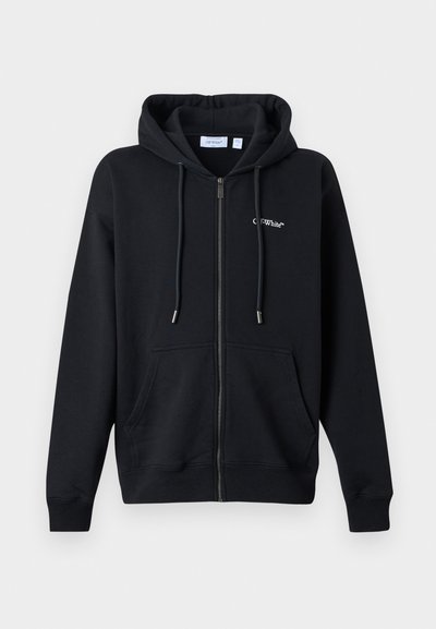 Μαύρο φούτερ με φερμουάρ, μπροστινές τσέπες, κουκούλα με κορδόνι και μικρό λευκό λογότυπο «Off-White» στο αριστερό μέρος του στήθους.