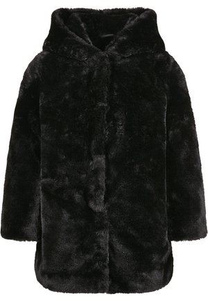 Manteau à capuche en fausse fourrure noire, manches longues, texture douce et longueur mi-cuisse, idéal pour temps froid.
