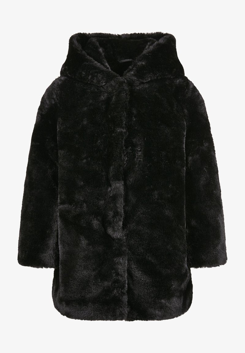 Manteau à capuche en fausse fourrure noire, manches longues, texture douce et longueur mi-cuisse, idéal pour temps froid.