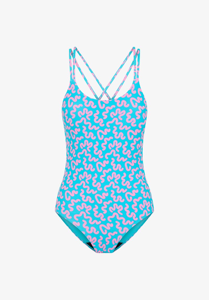 Maillot de bain une pièce turquoise avec un motif abstrait rose. Présente des bretelles croisées et une découpe de jambe modérée pour un ajustement confortable.