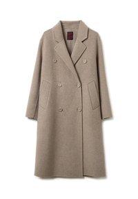 Lange beige dubbelzijdige wollen jas met brede revers, twee zijzakken en zes bijpassende knopen, plat weergegeven op een witte achtergrond.