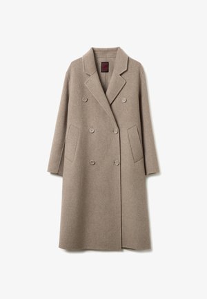 Manteau en laine beige double boutonnage, avec des revers larges, deux poches avant et six boutons assortis, présenté à plat sur un fond blanc.
