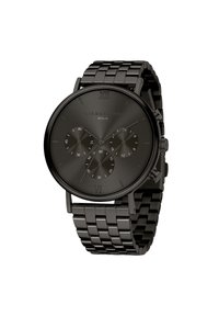 Zwarte roestvrijstalen klok met een ronde kast, voorzien van een minimalistische wijzerplaat, drie sub-dials en een mesh armband. Aanduidingen voor XII en VI.