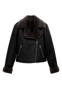 Veste en cuir noire avec col et poignets en fausse fourrure brun foncé, fermeture éclair centrale et deux poches latérales zippées.