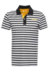 Musta-valkoraidallinen poolopaita, jossa musta kaulus ja kaksipainikkeinen rintalista; rinnassa keltainen korostelogo.