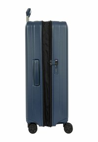 Hartschalenkoffer in Marineblau mit strukturierter Oberfläche, doppelte Spinner-Räder, Teleskopgriff und einem Kombinationsschloss auf der Vorderseite.