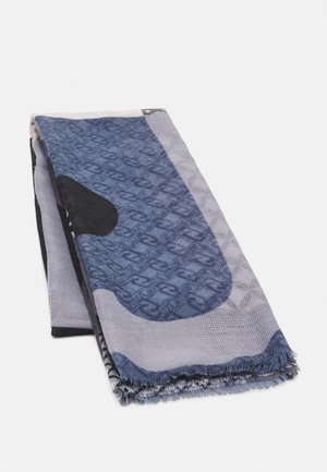 Gefalteter rechteckiger Schal mit marineblauen, schwarzen und grauen abstrakten Mustern und fransigen Rändern auf weißem Hintergrund.