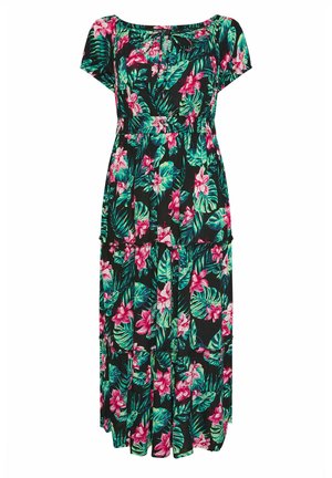 Sort maxikjole med korte ærmer, tropiske grønne blade og pink blomsterprint, med indsnøring i taljen og rund halsudskæring med bindedetalje.