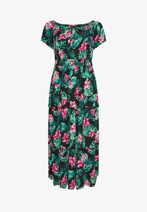 Vestido largo negro con mangas cortas, hojas tropicales verdes y estampado floral rosa, cintura fruncida y escote redondo con detalle de lazo.