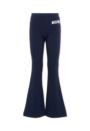 Granatowe dzwony z elastycznym paskiem w talii oraz białym logo "MOSCHINO" na górnej lewej stronie.