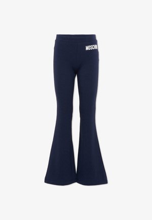 Pantaloni svasati blu navy con vita elasticizzata e logo bianco "MOSCHINO" sul lato superiore sinistro.