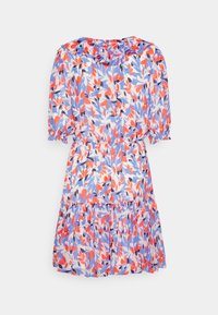 Sukienka w kwiaty z niebiesko-czerwono-białym wzorem, miękka, lekka tkanina, bufiaste rękawy i falbaniasty, wielopoziomowy dół.