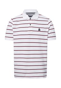 Kurzärmeliges Poloshirt in Weiß mit maroonfarbigen und marineblauen horizontalen Streifen, Drei-Knopf-Leiste und kleinem aufgesticktem Logo auf der Brust.