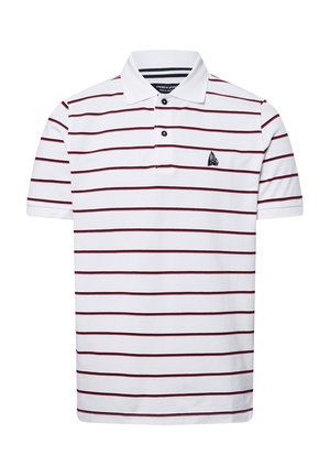 Kurzärmeliges Poloshirt in Weiß mit maroonfarbigen und marineblauen horizontalen Streifen, Drei-Knopf-Leiste und kleinem aufgesticktem Logo auf der Brust.