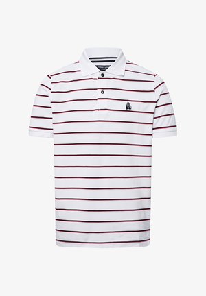 Polo à manches courtes en blanc avec des rayures horizontales bordeaux et marine, patte de boutonnage à trois boutons et petit logo brodé sur la poitrine.