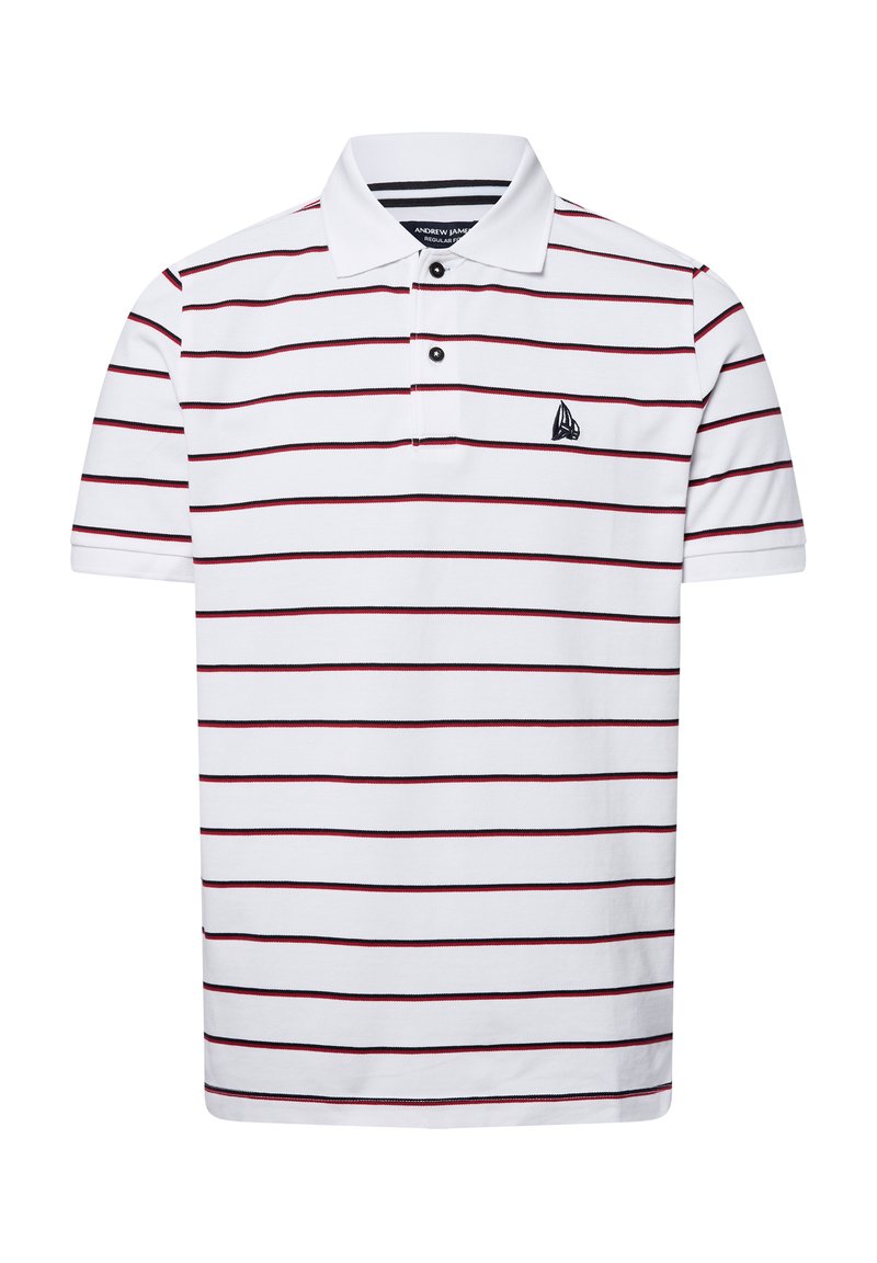 Kurzärmeliges Poloshirt in Weiß mit maroonfarbigen und marineblauen horizontalen Streifen, Drei-Knopf-Leiste und kleinem aufgesticktem Logo auf der Brust.
