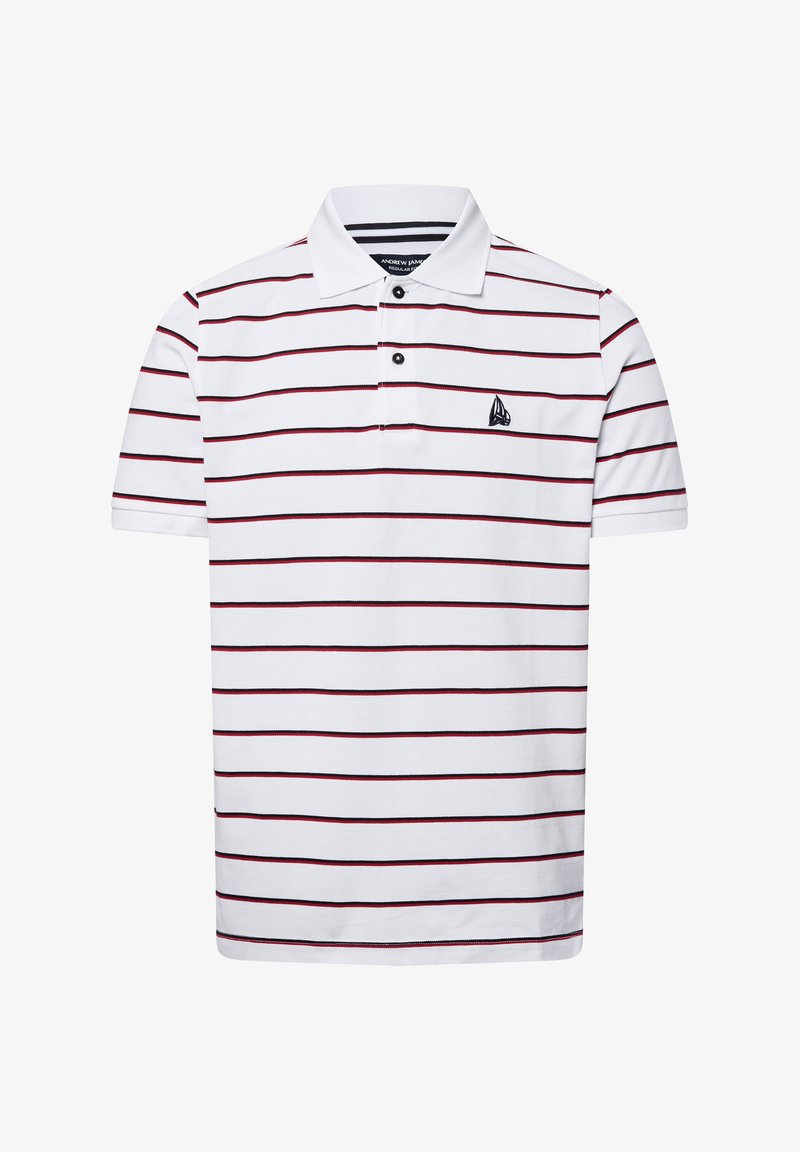 Kurzärmeliges Poloshirt in Weiß mit maroonfarbigen und marineblauen horizontalen Streifen, Drei-Knopf-Leiste und kleinem aufgesticktem Logo auf der Brust.