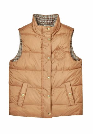 Weste aus leichtem braunem Material mit kariertem Innenfutter, goldenen Druckknöpfen und Seitentaschen. Verfügt über gestickte Paneele und ein besticktes Logo.