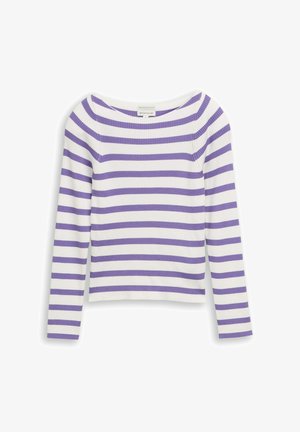 Dlhý rukáv, rebrovaný pletený top s bielymi a fialovými horizontálnymi pruhmi a širokým zaobleným výstrihom.