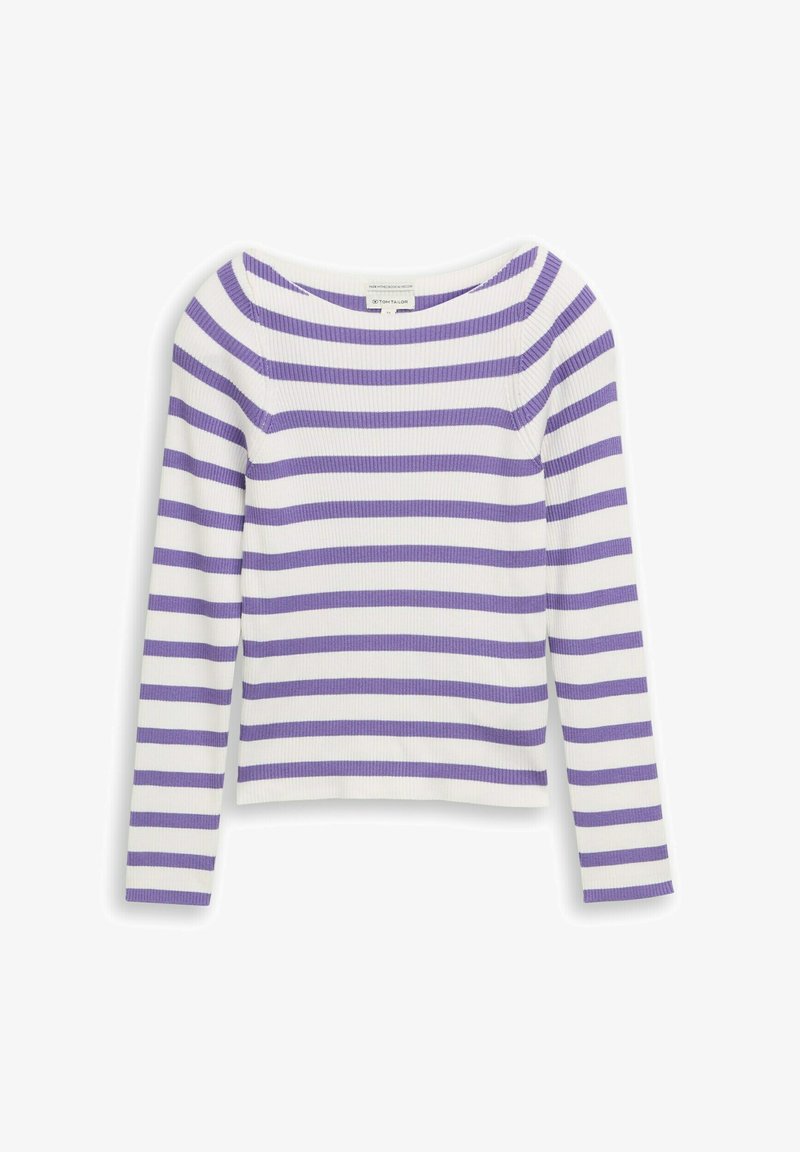 Dlhý rukáv, rebrovaný pletený top s bielymi a fialovými horizontálnymi pruhmi a širokým zaobleným výstrihom.