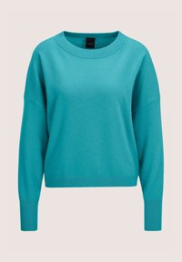 Türkisfarbener Pullover aus weichem Stoff, mit rundem Halsausschnitt, abgesenkten Schultern und gerippten Bündchen in entspannter Passform.