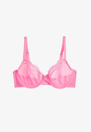 Pink gennemsigtig blonde-bh med bøjle, justerbare stropper og en lille sløjfedetalje foran på hvid baggrund.