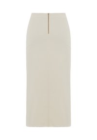 Falda lápiz beige hasta la rodilla, fabricada en una tela suave, con una cremallera dorada visible en la parte posterior y un silueta ajustada.