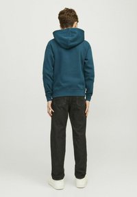 Sudadera color azul verdoso con una capucha amplia, puños acanalados y dobladillo redondeado; combinada con jeans oscuros y zapatillas blancas, vista desde la parte posterior.