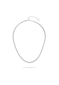 Zilveren ketting met een flexibele, ronde vorm. Kenmerkt zich door een subtiele textuur en een verstelbare sluiting met een verlengketting voor maatvoering.