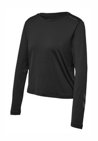Czarna sportowa koszulka z długim rękawem wykonana z gładkiego, lekkiego materiału. Posiada okrągły dekolt, subtelne logo na ramieniu oraz paski na rękawie.