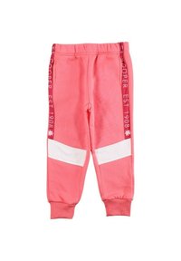 Pantalon de jogging rose en tissu doux, avec des rayures horizontales blanches et un logo décoratif sur le côté. Taille et poignets élastiques.
